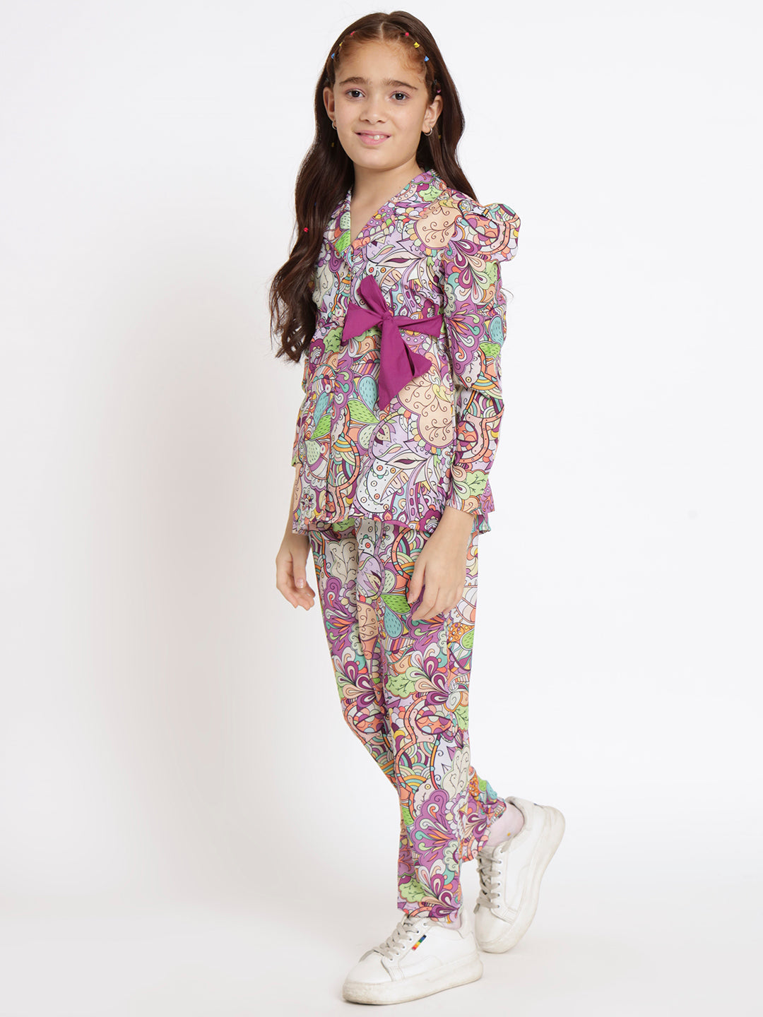 Girls A Line Shirt Style Crepe Fabric Purple Color Floral Printed Top With Belt And Bottom
