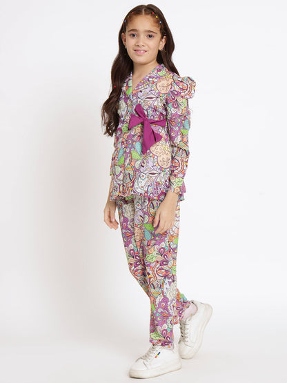 Girls A Line Shirt Style Crepe Fabric Purple Color Floral Printed Top With Belt And Bottom