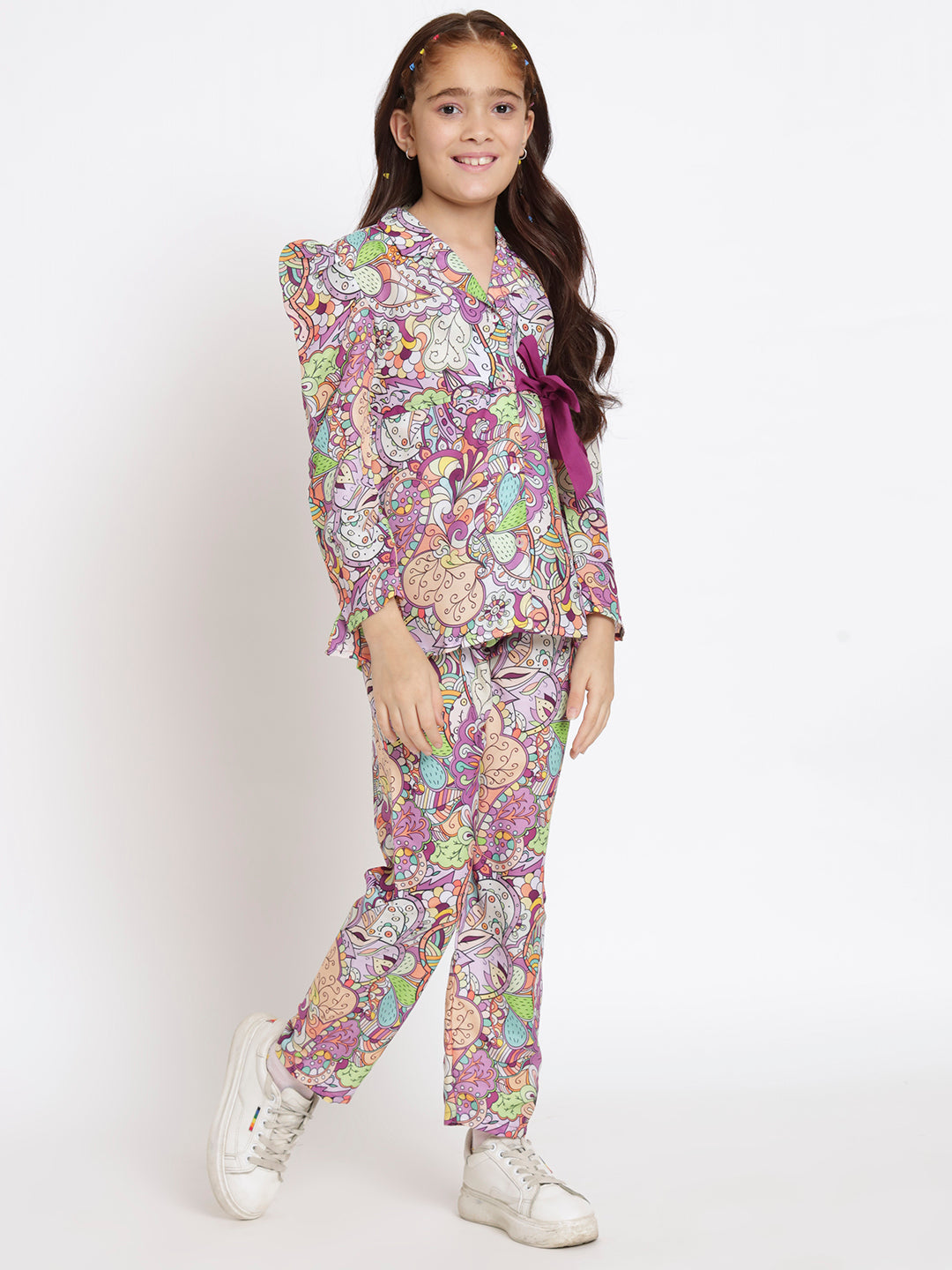 Girls A Line Shirt Style Crepe Fabric Purple Color Floral Printed Top With Belt And Bottom