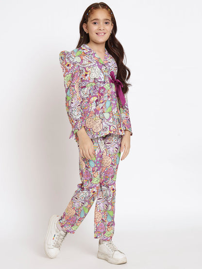 Girls A Line Shirt Style Crepe Fabric Purple Color Floral Printed Top With Belt And Bottom