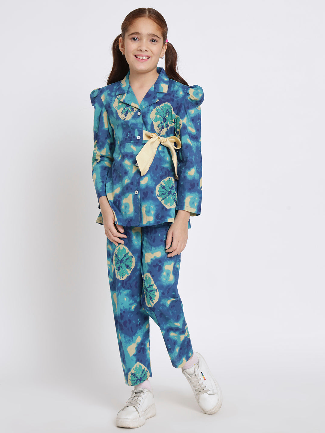 Girls A Line Shirt Style Cotton Fabric Blue Color Printed Top With Belt And Bottom