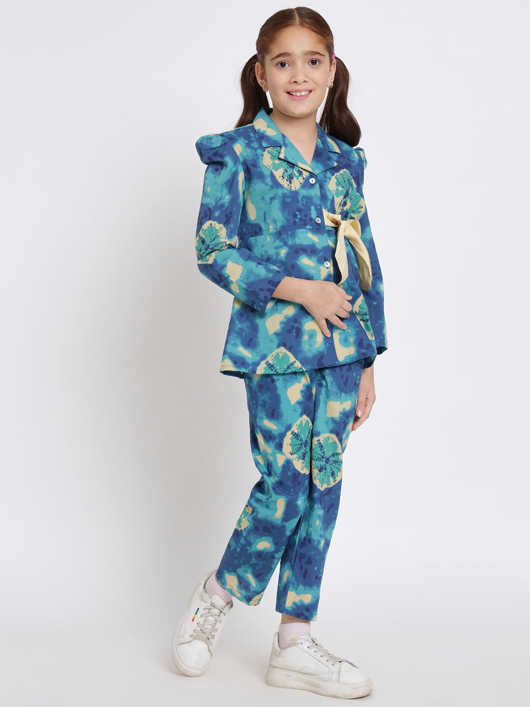 Girls A Line Shirt Style Cotton Fabric Blue Color Printed Top With Belt And Bottom