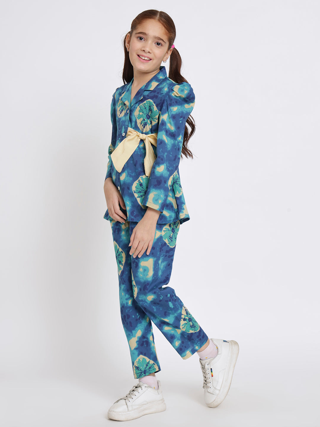 Girls A Line Shirt Style Cotton Fabric Blue Color Printed Top With Belt And Bottom