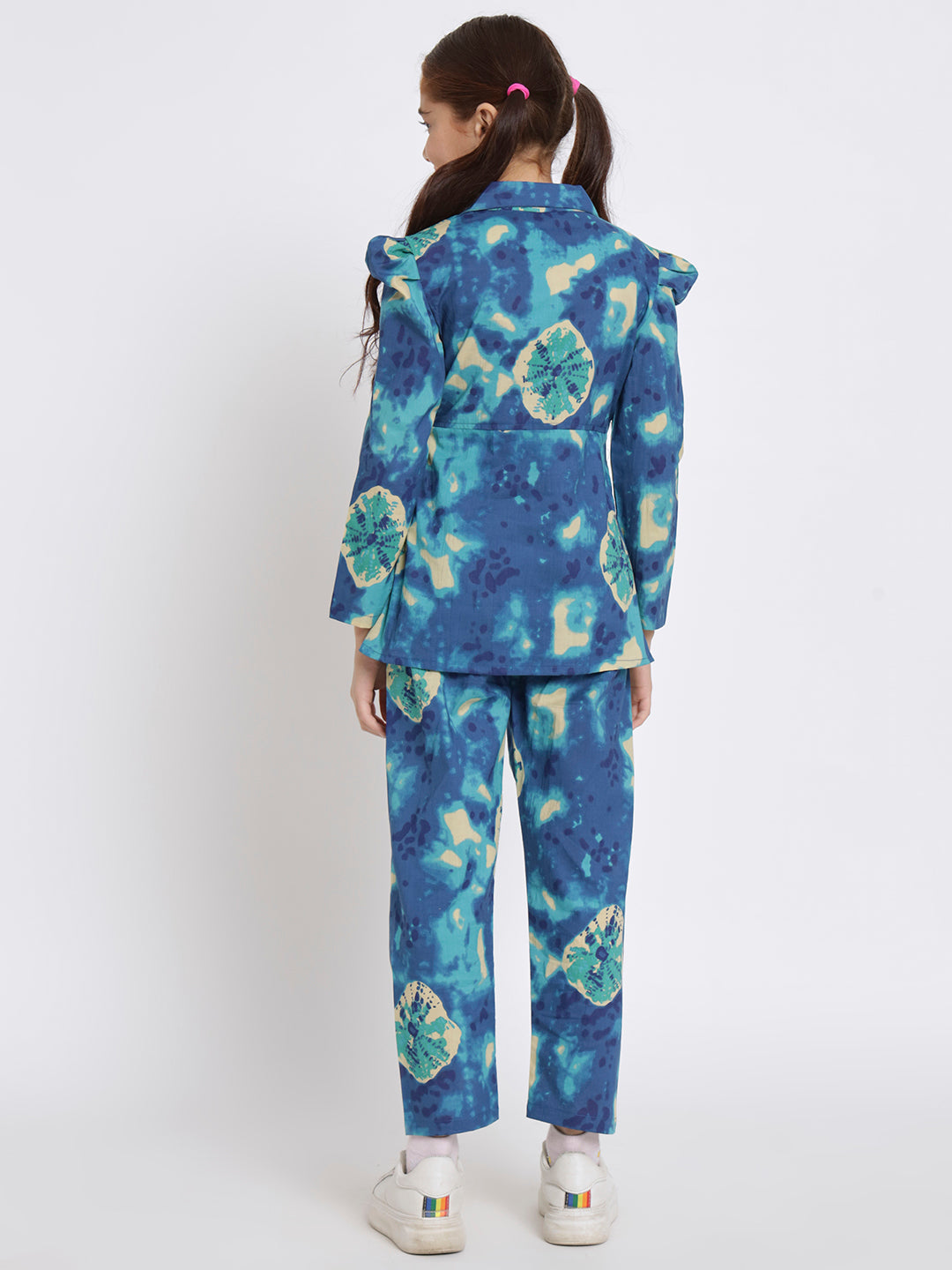 Girls A Line Shirt Style Cotton Fabric Blue Color Printed Top With Belt And Bottom