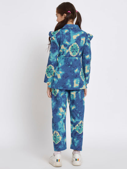 Girls A Line Shirt Style Cotton Fabric Blue Color Printed Top With Belt And Bottom