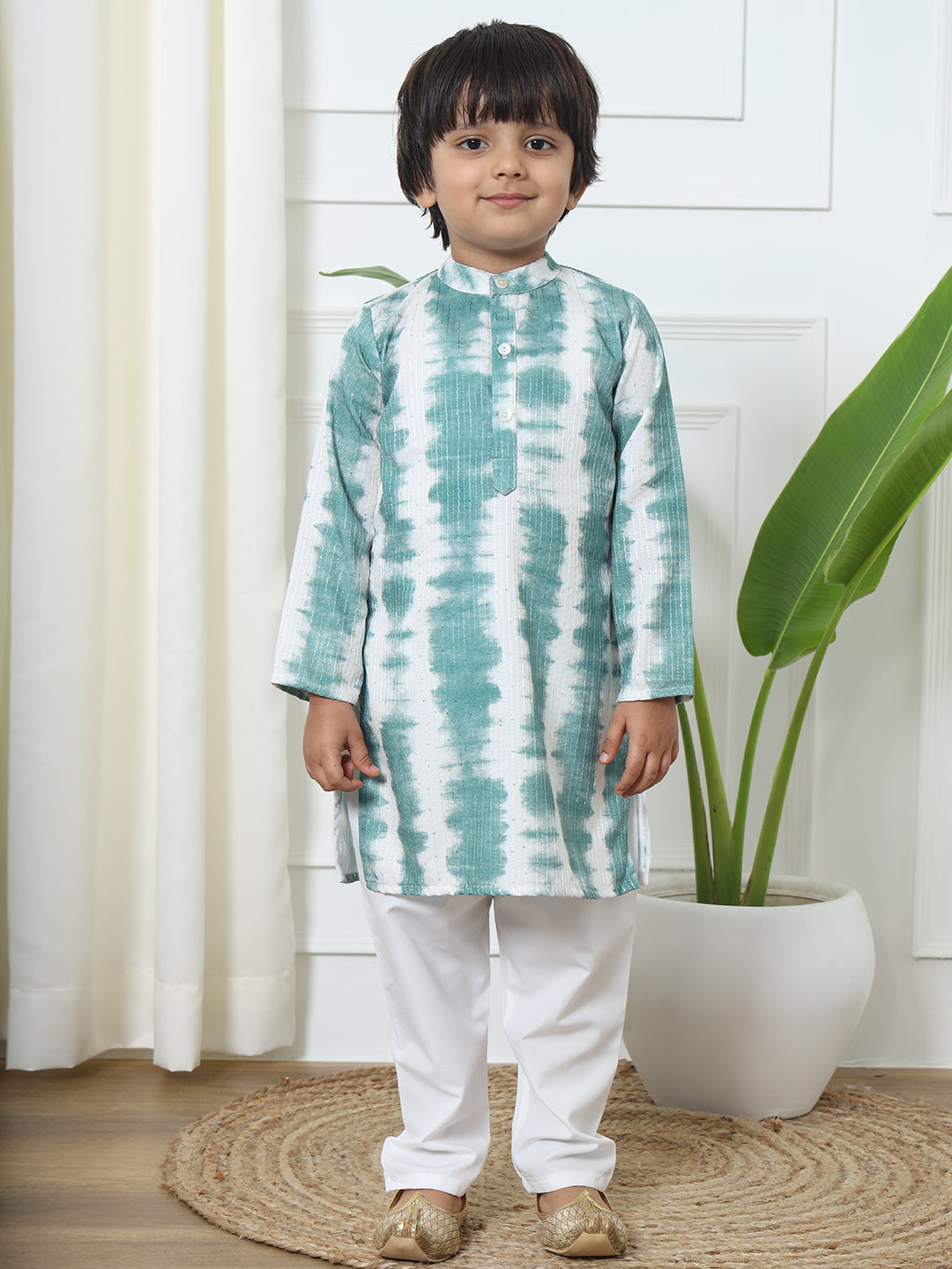 Boys Straight Style Cotton Fabric Green Color Tie And Dyed Kurta With White Color Pyjama