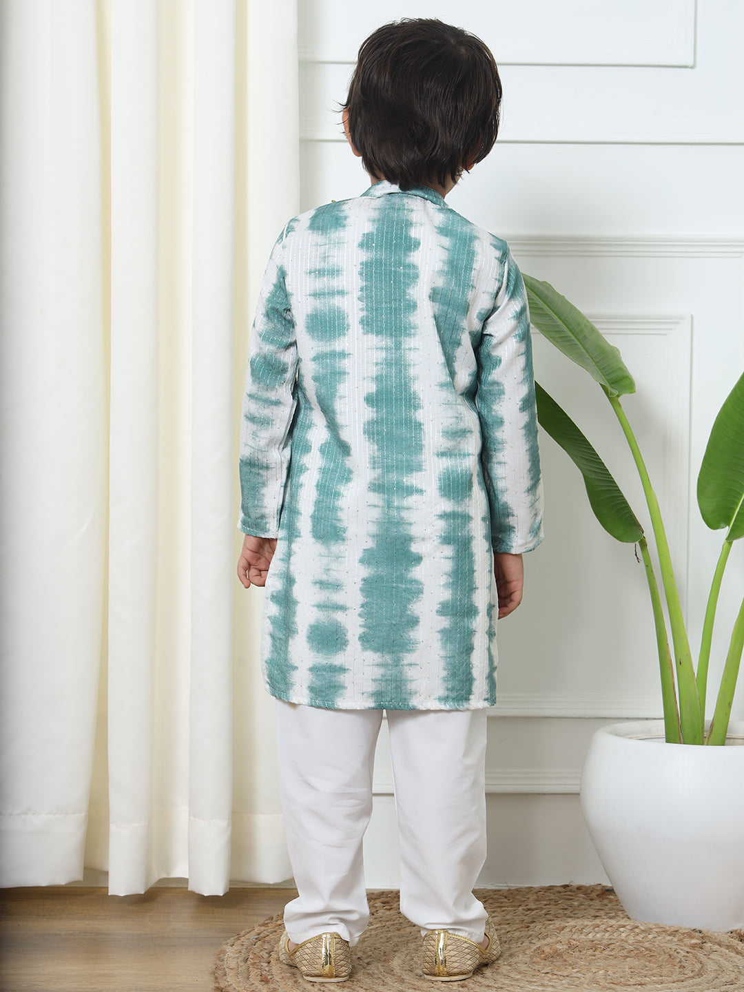Boys Straight Style Cotton Fabric Green Color Tie And Dyed Kurta With White Color Pyjama