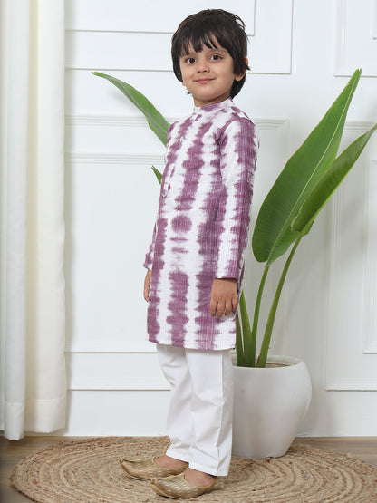 Boys Straight Style Cotton Fabric Purple Color Tie And Dyed Kurta With White Color Pyjama