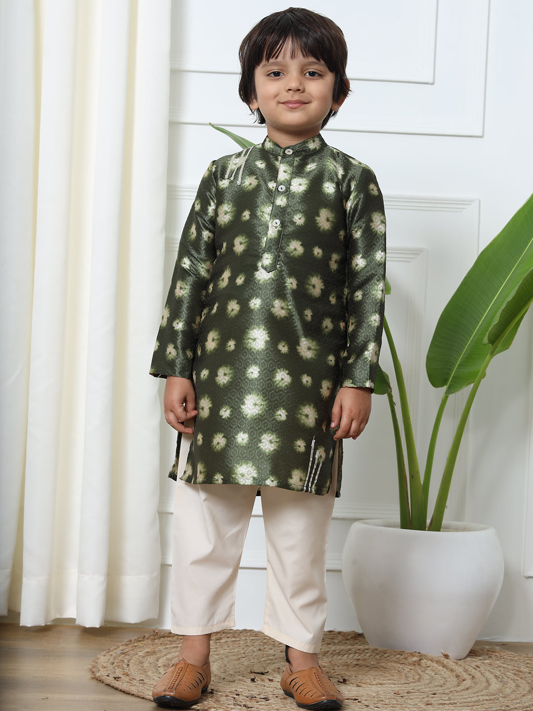 Boys Straight Style Art Silk Fabric Green Color Bandhej Printed Kurta And Cotton Fabric Cream Color Pyjama With Gotta Lace Work