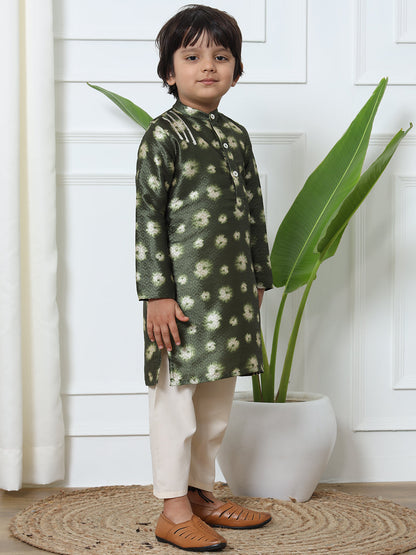 Boys Straight Style Art Silk Fabric Green Color Bandhej Printed Kurta And Cotton Fabric Cream Color Pyjama With Gotta Lace Work