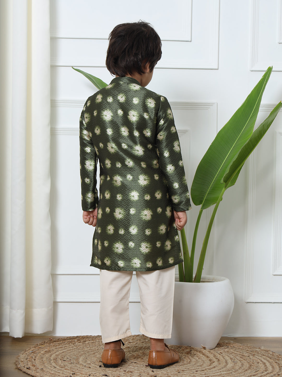 Boys Straight Style Art Silk Fabric Green Color Bandhej Printed Kurta And Cotton Fabric Cream Color Pyjama With Gotta Lace Work