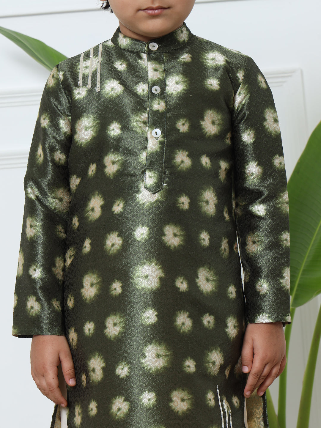 Boys Straight Style Art Silk Fabric Green Color Bandhej Printed Kurta And Cotton Fabric Cream Color Pyjama With Gotta Lace Work