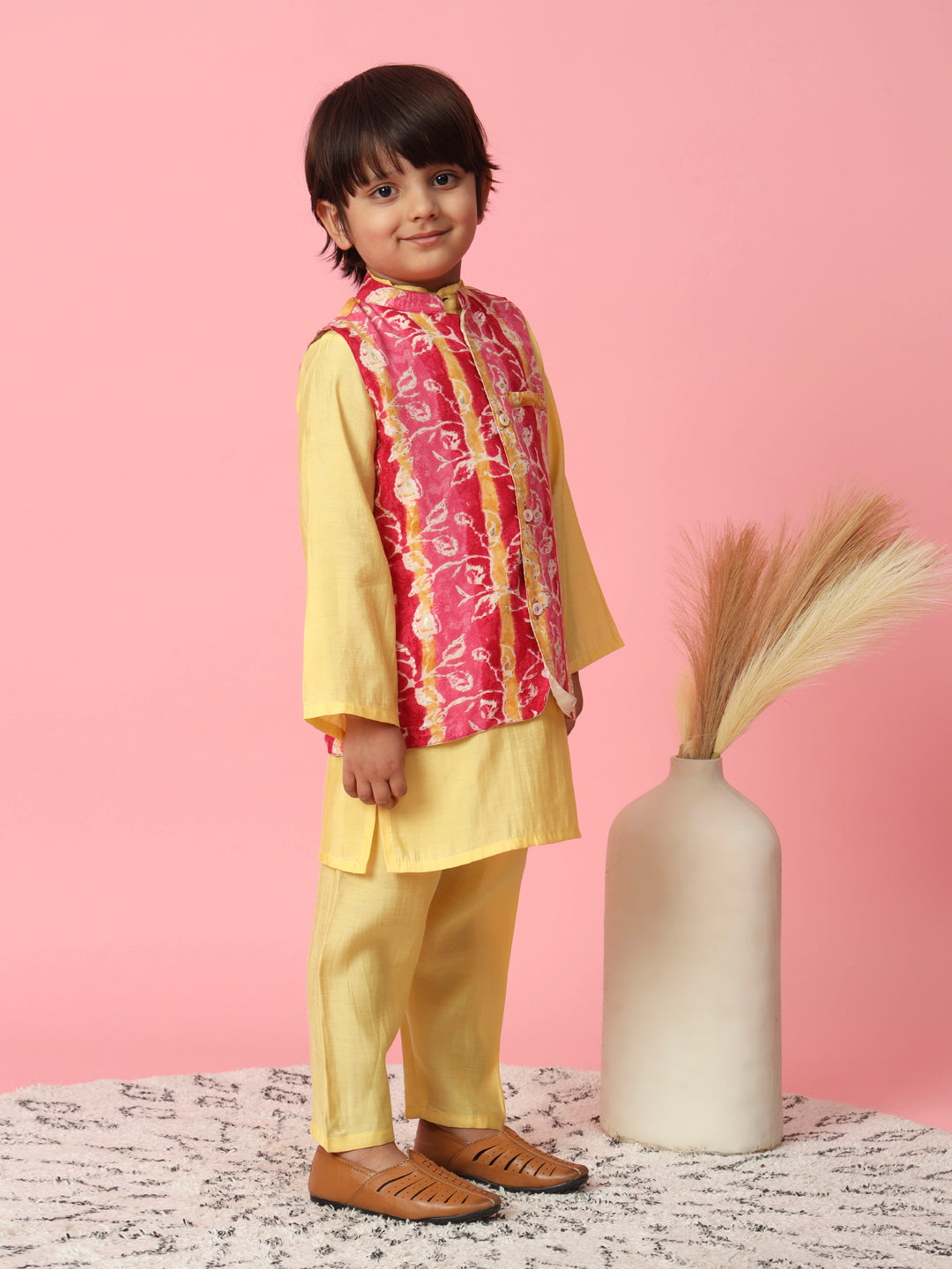 Boys Straight Style Silk Fabric Yellow Color Kurta With Pyjama And Printed Nehru Jacket