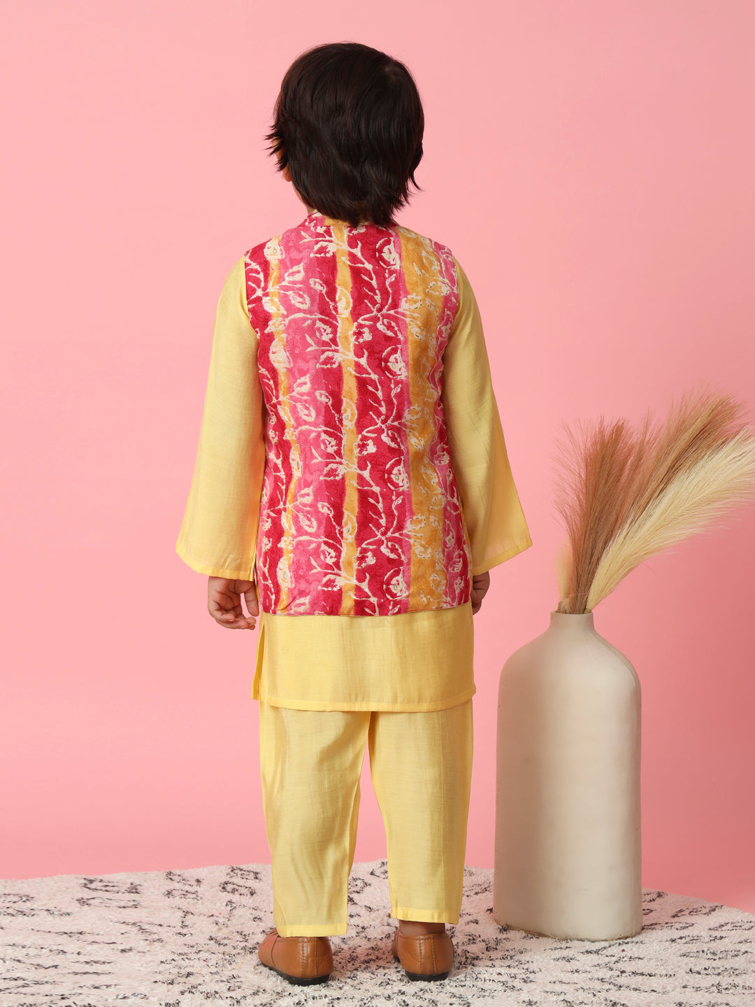 Boys Straight Style Silk Fabric Yellow Color Kurta With Pyjama And Printed Nehru Jacket