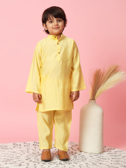 Boys Straight Style Silk Fabric Yellow Color Kurta With Pyjama And Printed Nehru Jacket