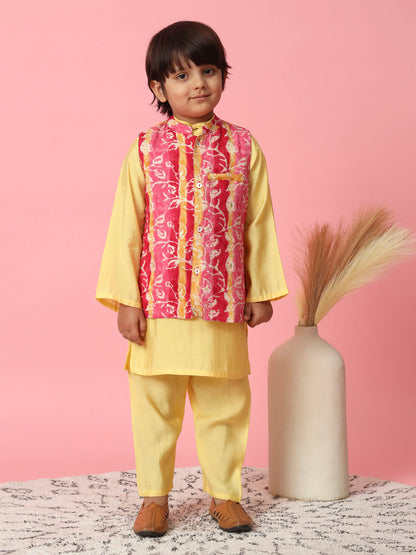 Boys Straight Style Silk Fabric Yellow Color Kurta With Pyjama And Printed Nehru Jacket