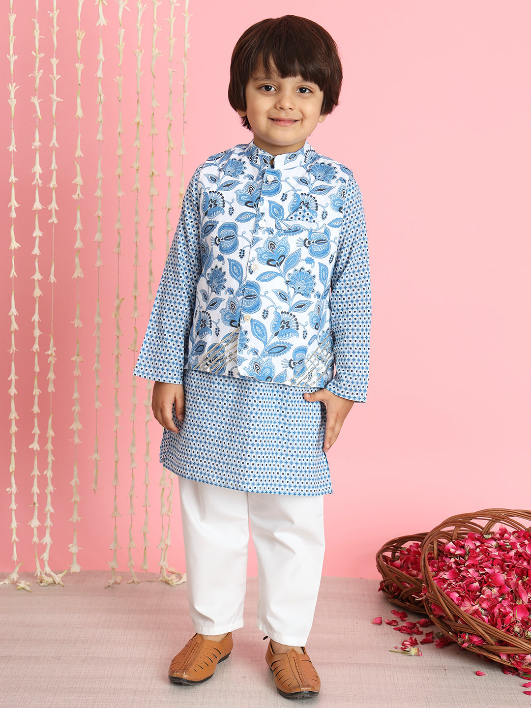 Boys Straight Style Cotton Fabric Blue  And White Color Floral Printed Kurta And Pyjama With Nehru Jacket