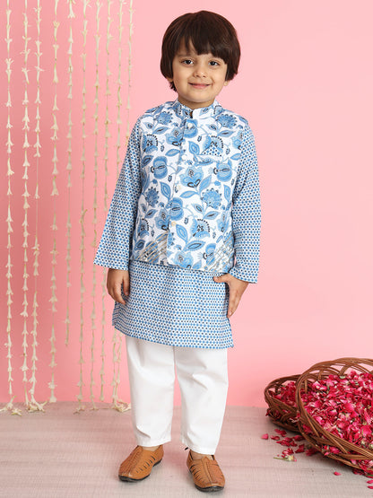 Boys Straight Style Cotton Fabric Blue  And White Color Floral Printed Kurta And Pyjama With Nehru Jacket