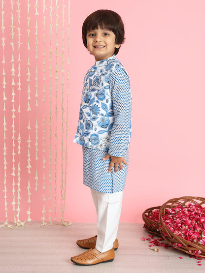 Boys Straight Style Cotton Fabric Blue  And White Color Floral Printed Kurta And Pyjama With Nehru Jacket