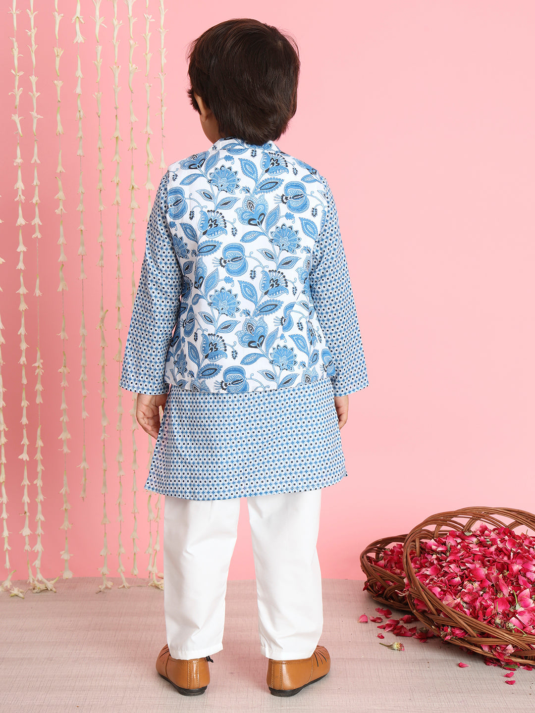 Boys Straight Style Cotton Fabric Blue  And White Color Floral Printed Kurta And Pyjama With Nehru Jacket