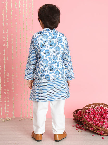 Boys Straight Style Cotton Fabric Blue  And White Color Floral Printed Kurta And Pyjama With Nehru Jacket