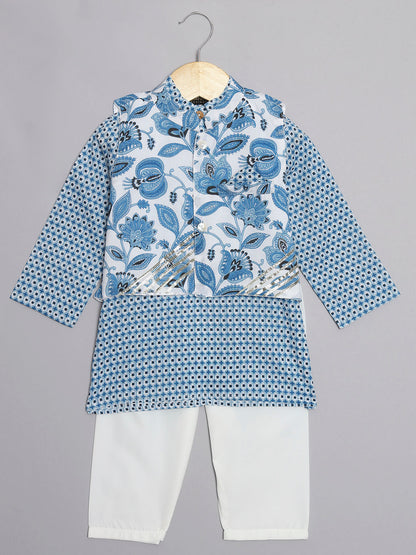 Boys Straight Style Cotton Fabric Blue  And White Color Floral Printed Kurta And Pyjama With Nehru Jacket