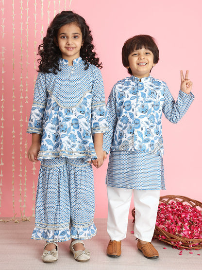 Boys Straight Style Cotton Fabric Blue  And White Color Floral Printed Kurta And Pyjama With Nehru Jacket