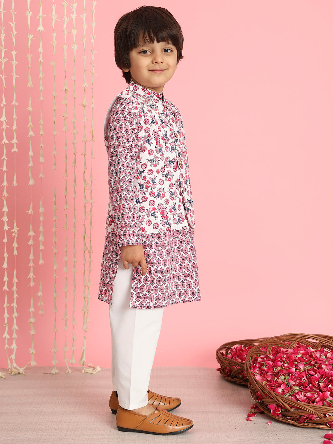 Boys Straight Style Cotton Fabric Pink And White Color Floral Printed Kurta And Pyjama With Nehru Jacket