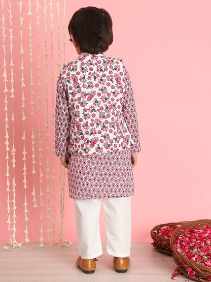 Boys Straight Style Cotton Fabric Pink And White Color Floral Printed Kurta And Pyjama With Nehru Jacket
