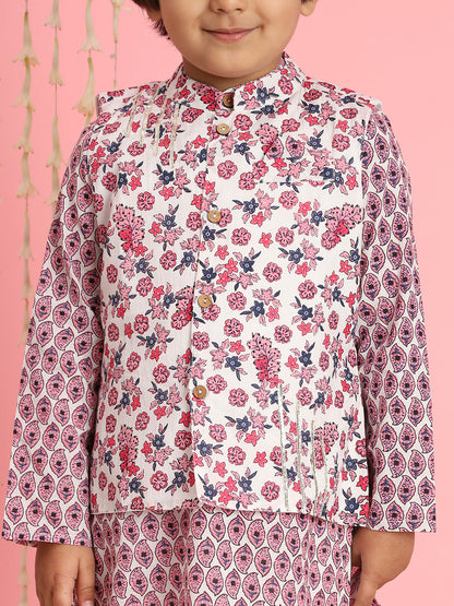 Boys Straight Style Cotton Fabric Pink And White Color Floral Printed Kurta And Pyjama With Nehru Jacket