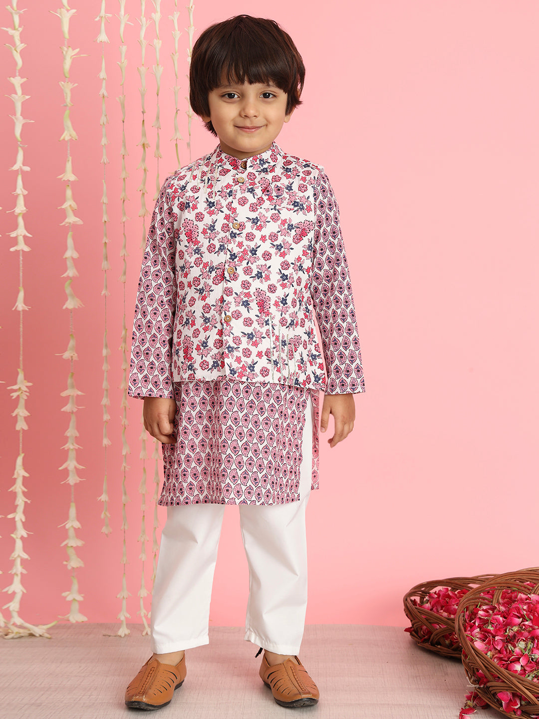 Boys Straight Style Cotton Fabric Pink And White Color Floral Printed Kurta And Pyjama With Nehru Jacket
