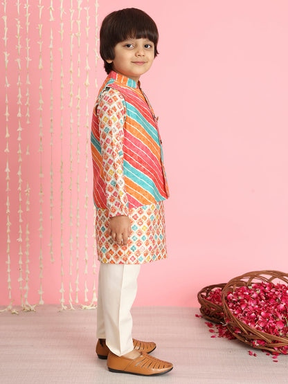 Boys Straight Style Silk Fabric Orange Color Leheriya Kurta And Cream Pyjama With Nehru Jacket