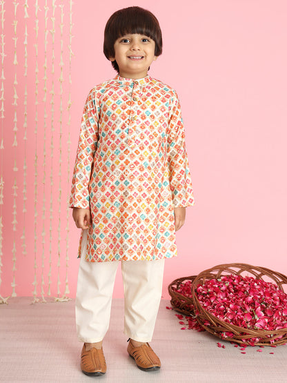 Boys Straight Style Silk Fabric Orange Color Leheriya Kurta And Cream Pyjama With Nehru Jacket