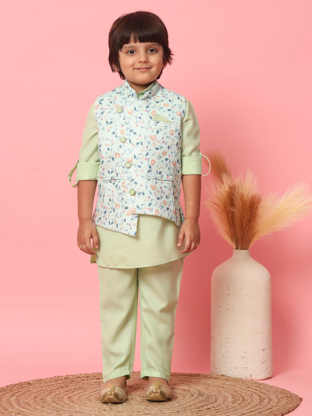 Boys Straight Style Cotton Fabric Green Color Kurta With Trouser And Floral Printed White Jacket