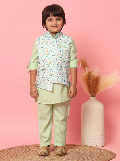 Boys Straight Style Cotton Fabric Green Color Kurta With Trouser And Floral Printed White Jacket