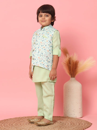 Boys Straight Style Cotton Fabric Green Color Kurta With Trouser And Floral Printed White Jacket