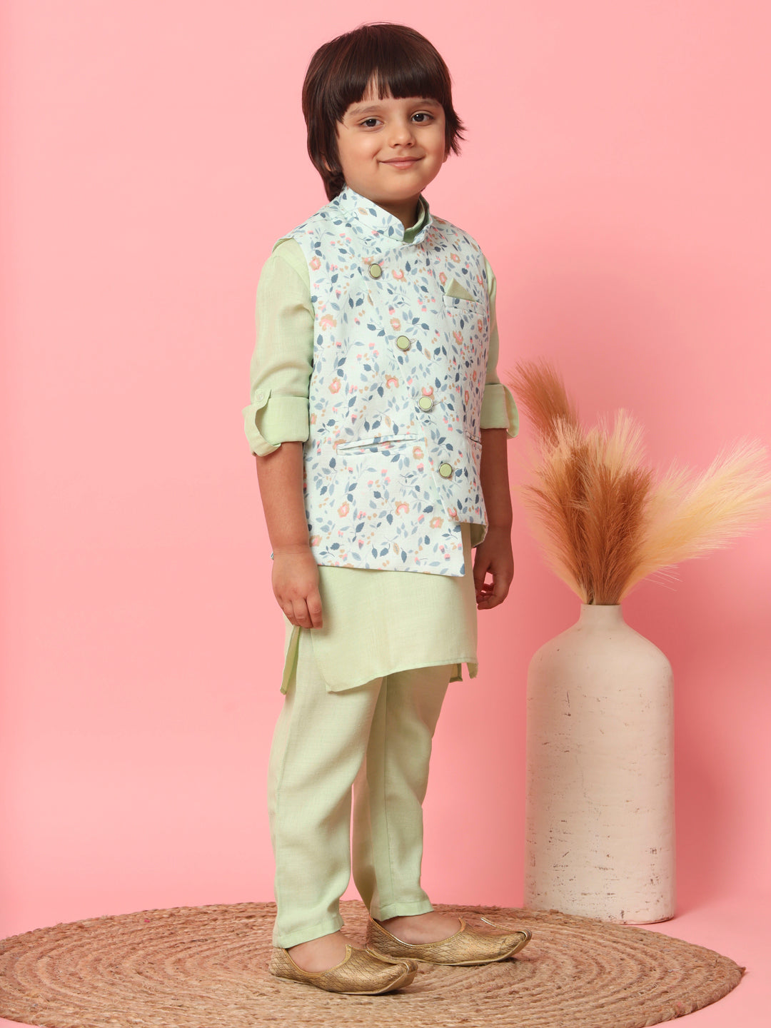 Boys Straight Style Cotton Fabric Green Color Kurta With Trouser And Floral Printed White Jacket