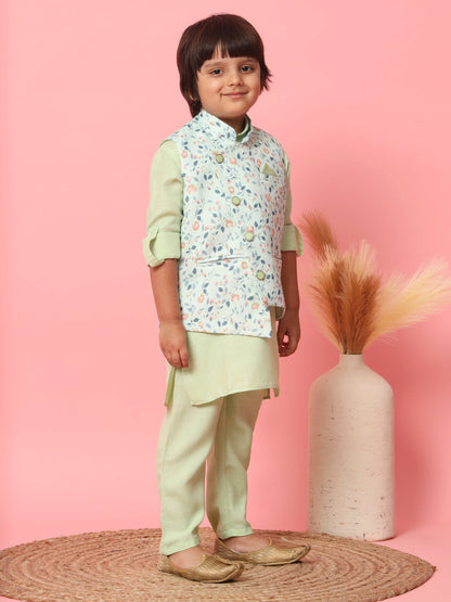 Boys Straight Style Cotton Fabric Green Color Kurta With Trouser And Floral Printed White Jacket