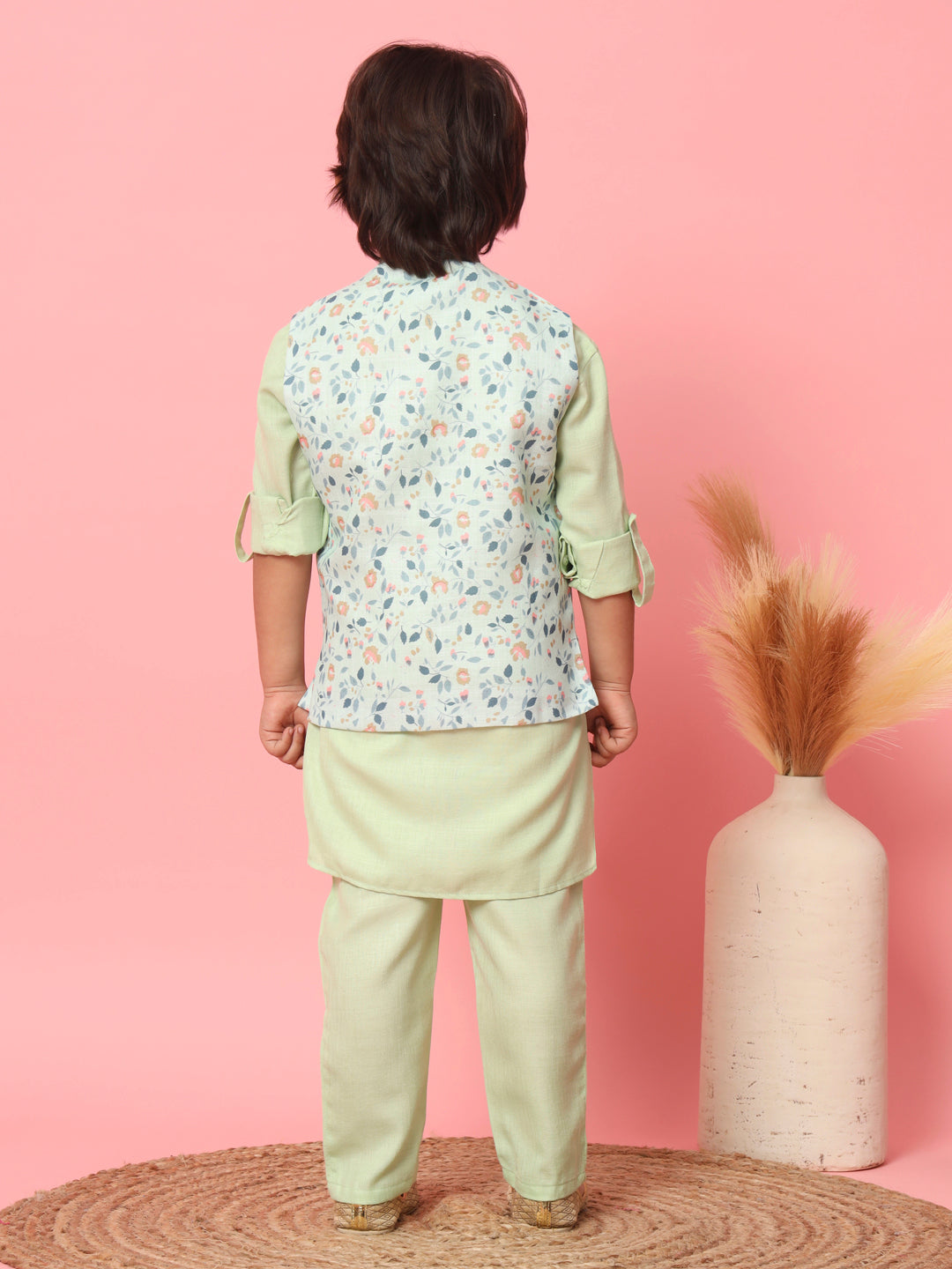 Boys Straight Style Cotton Fabric Green Color Kurta With Trouser And Floral Printed White Jacket