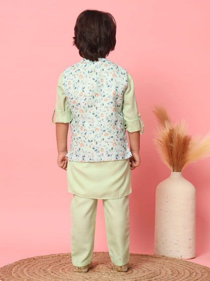 Boys Straight Style Cotton Fabric Green Color Kurta With Trouser And Floral Printed White Jacket