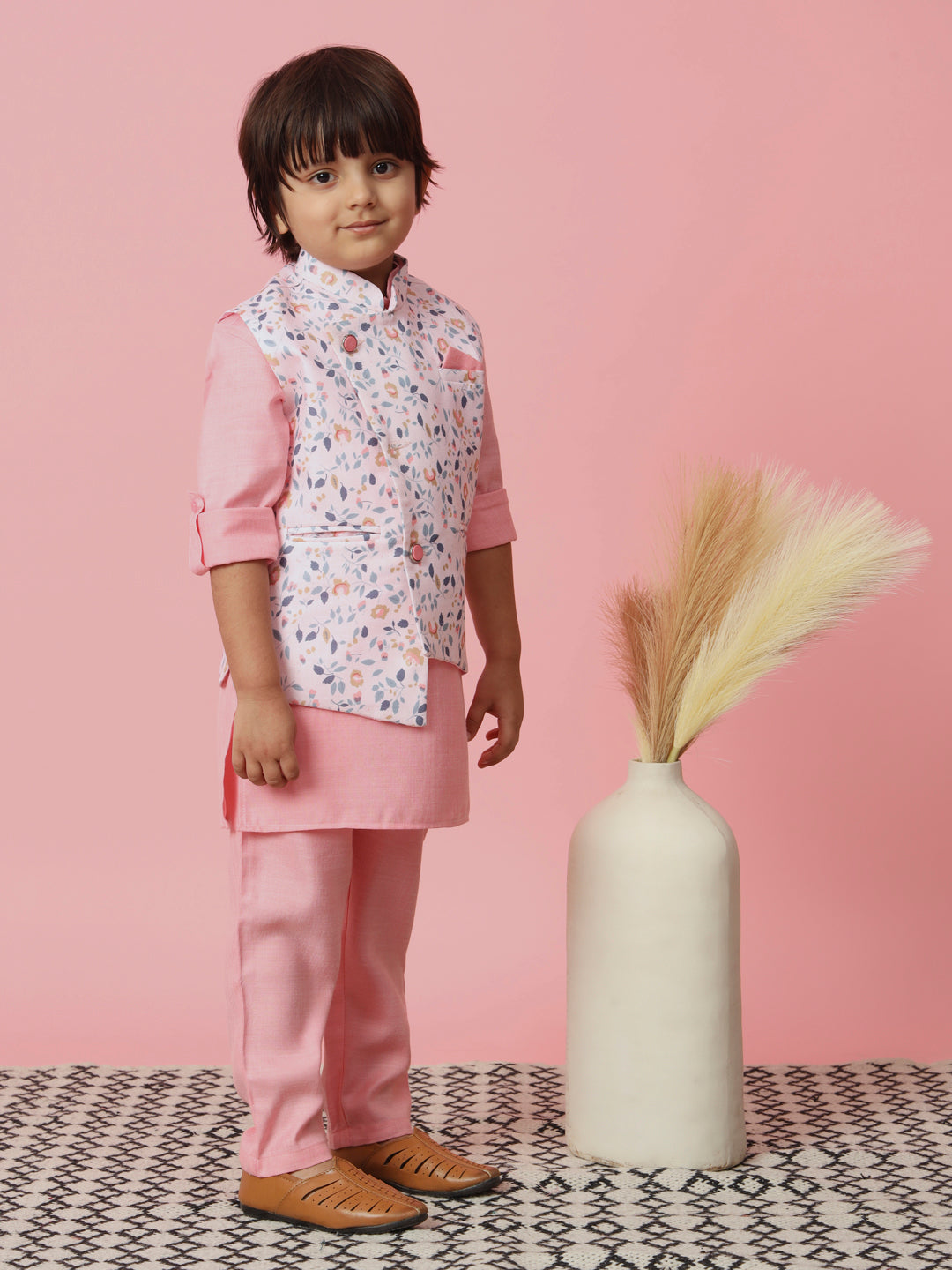 Boys Straight Style Cotton Fabric Pink Color Kurta With Trouser And Floral Printed White Jacket