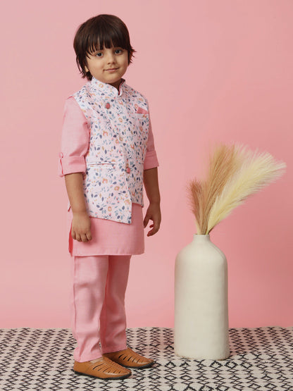Boys Straight Style Cotton Fabric Pink Color Kurta With Trouser And Floral Printed White Jacket