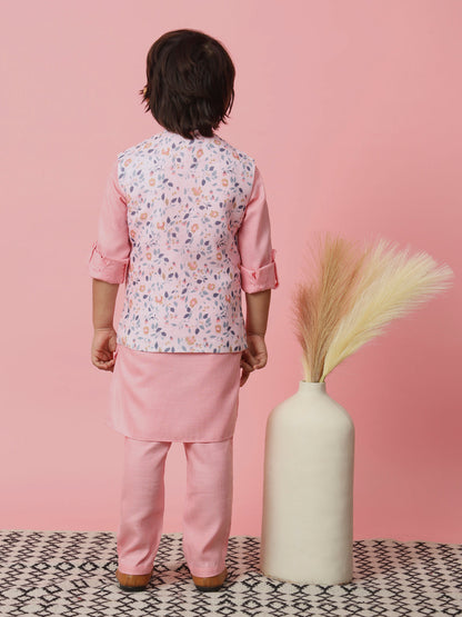 Boys Straight Style Cotton Fabric Pink Color Kurta With Trouser And Floral Printed White Jacket