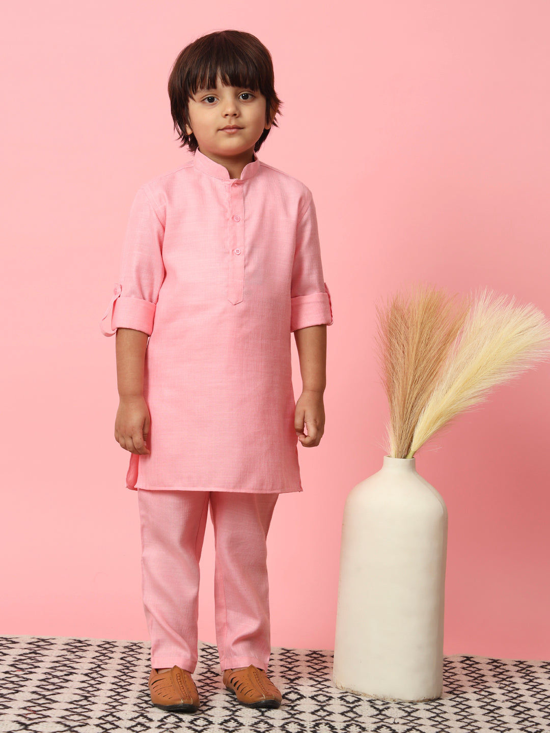 Boys Straight Style Cotton Fabric Pink Color Kurta With Trouser And Floral Printed White Jacket