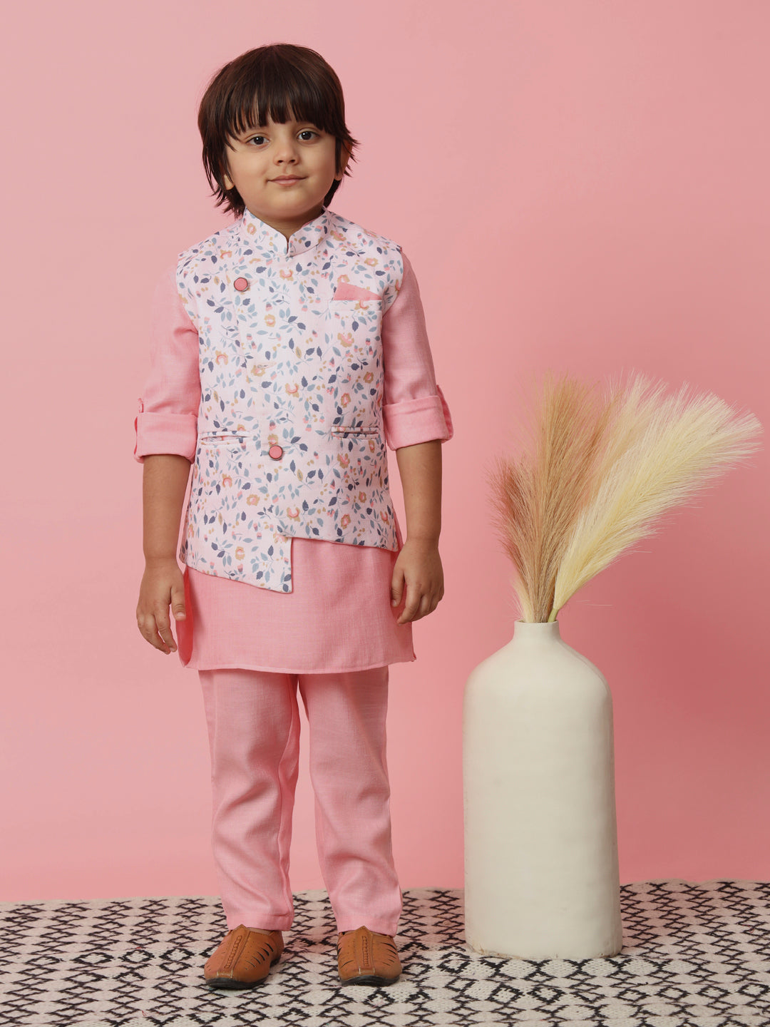 Boys Straight Style Cotton Fabric Pink Color Kurta With Trouser And Floral Printed White Jacket