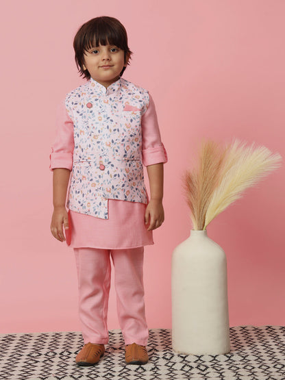 Boys Straight Style Cotton Fabric Pink Color Kurta With Trouser And Floral Printed White Jacket