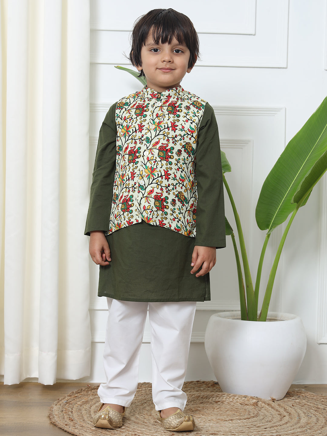 Boys Straight Style Cotton Fabric Green Color Kurta And White Pyjama With Printed Nehru Jacket