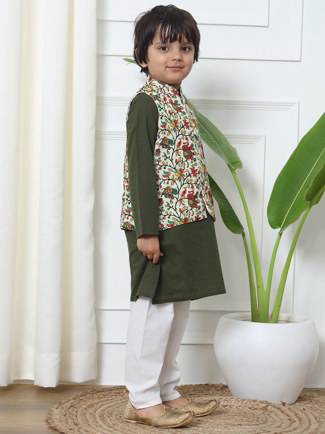 Boys Straight Style Cotton Fabric Green Color Kurta And White Pyjama With Printed Nehru Jacket
