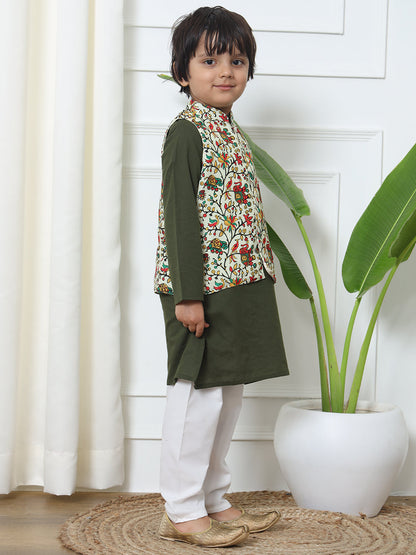 Boys Straight Style Cotton Fabric Green Color Kurta And White Pyjama With Printed Nehru Jacket
