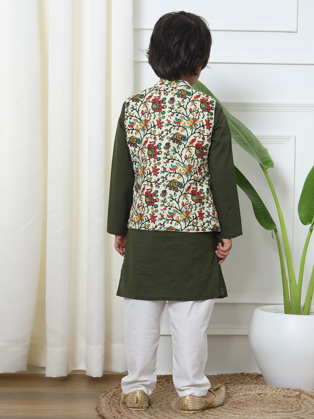 Boys Straight Style Cotton Fabric Green Color Kurta And White Pyjama With Printed Nehru Jacket